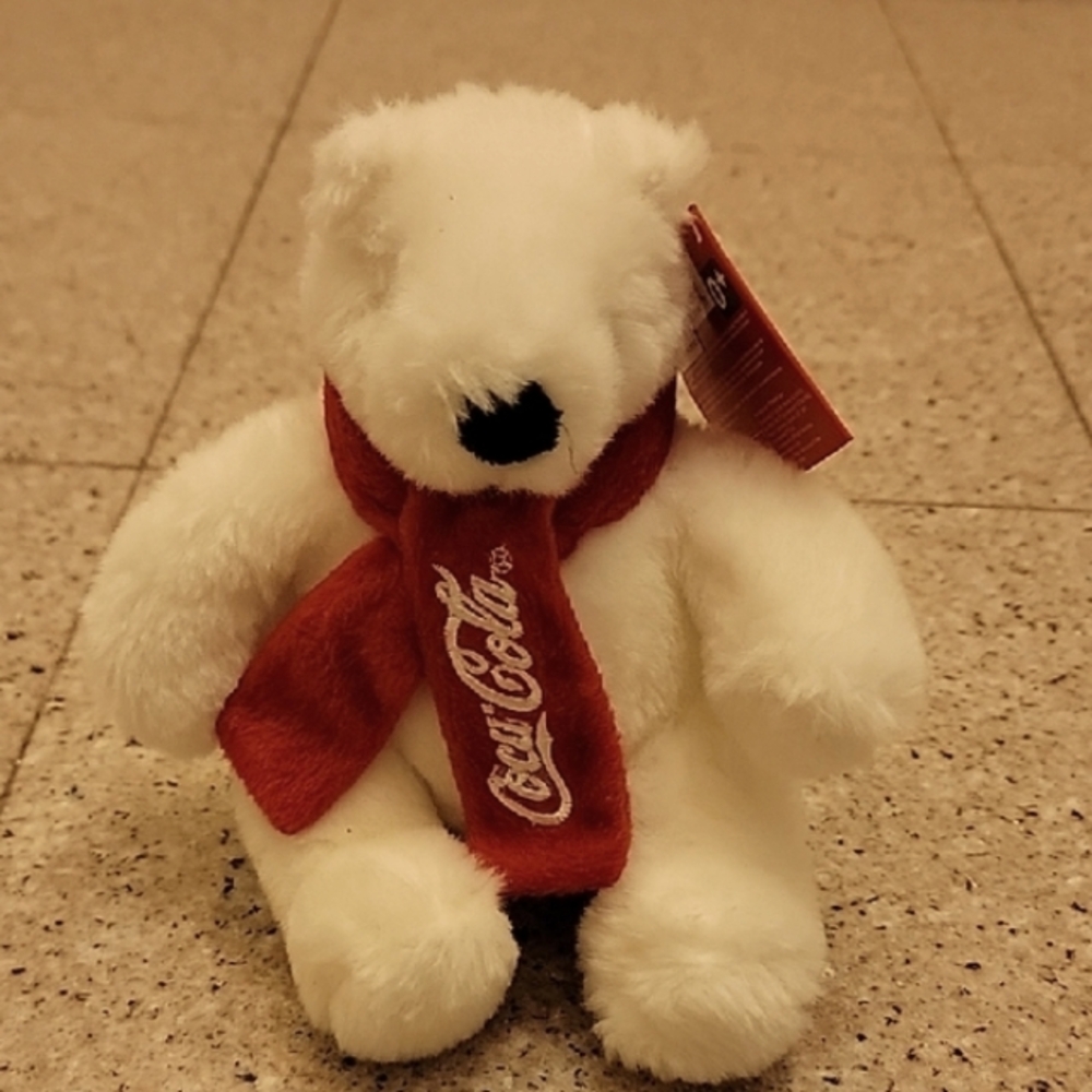 NEW Coca-Cola Polar Bear Plush with Fleece Red Scarf 6 Inch